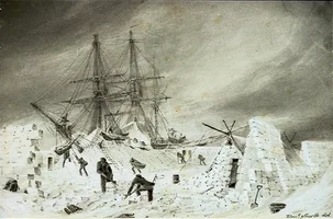 HMS Terror in a heavy gale with a snow drift at the Entrance to the Frozen Strait 22 23 Dec 1...webp