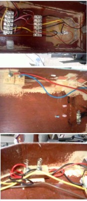 1ª sección: Detalle de conexiones, se aprecia la lámpara de iluminación del interior del puente y las resistencias correspondientes de los leds.<br />2ª y 3ª sección: mediante estos muelles, cerramos el circuito eléctrico. Colocados por el interior de la super