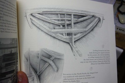 Del libro del  Morgan:  un dibujo en perspectiva de las buzardas, en la que se aprecia lo fuertemente consolidadas que estaban al casco a base de enormes clavos.