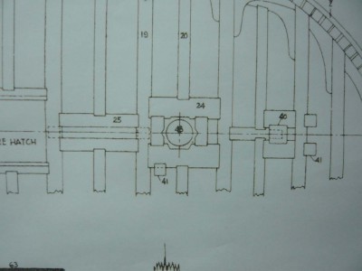 Plano de la fogonadura del trinquete. El número 40 es el poste del cabrestante de proa.