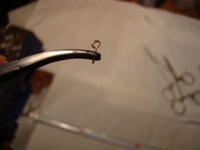 Detalle de mosquito curvo con cáncamo.