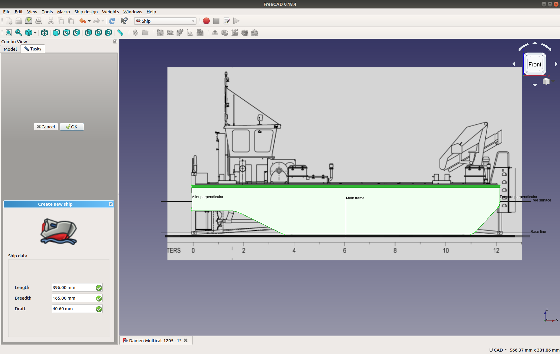 Pantallazo de la herramienta para crear una instancia ship a partir de un sólido con la forma del casco y poder calcular el desplazamiento posteriormente