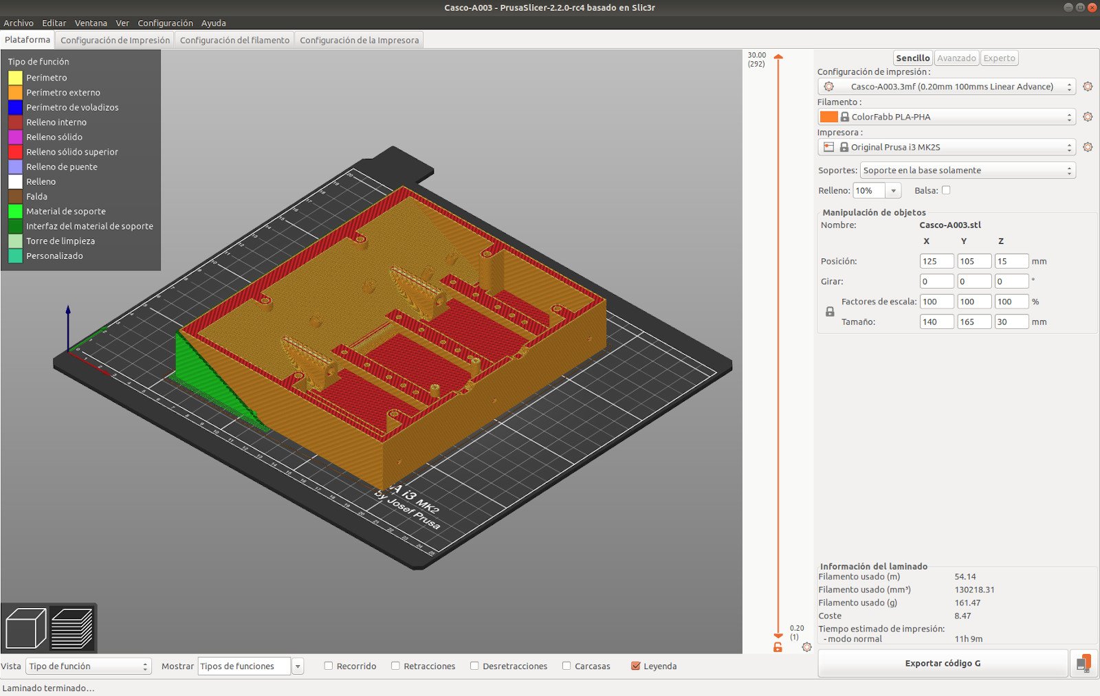 Simulación del programa de impresión. Pieza terminada.