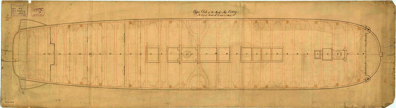 Scale: 1:48. Plan showing the upper deck for Victory (1765), a 100-gun First Rate, three-decker. The plan illustrates the ship after having had her masts repositioned during her 'Large Repair' at Portsmouth Dockyard. The plan was subsequently stamped Portsmouth Dockyard 5 August 1925, when it was used for the initial restoration of Victory.