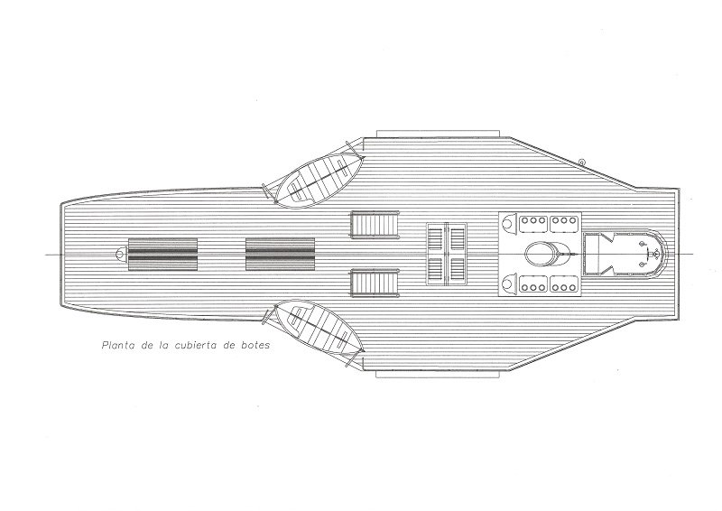 Ahora es el turno de la cubierta superior o cubierta de botes. Os muestro el plano de la misma.