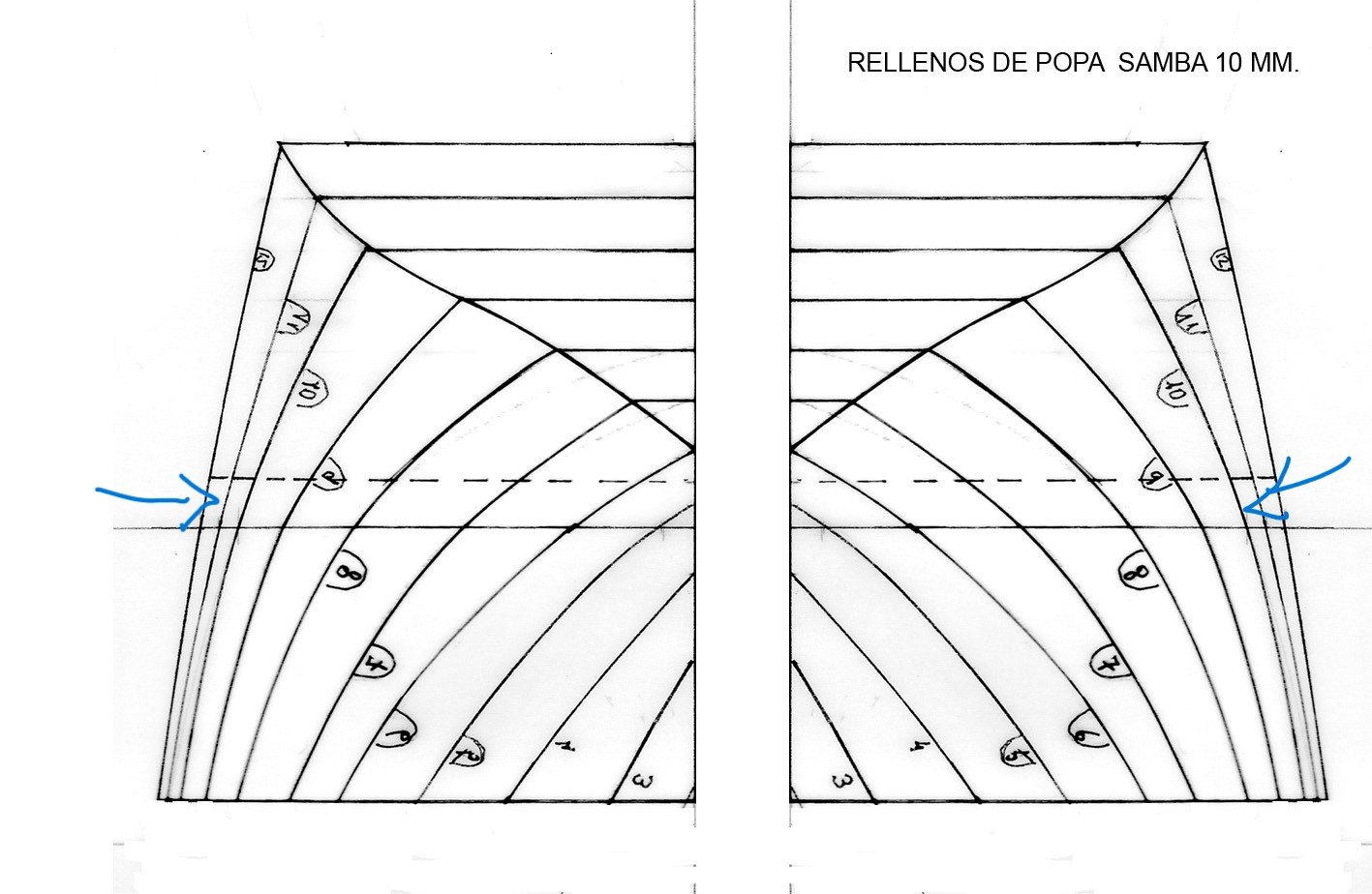 La linea que señalo en azul, es la linea de cuaderna 6 desde el refuerzo 11 y 12, desde el 10 según se verá en la foto siguiente apoya con lo que no hay que cortar