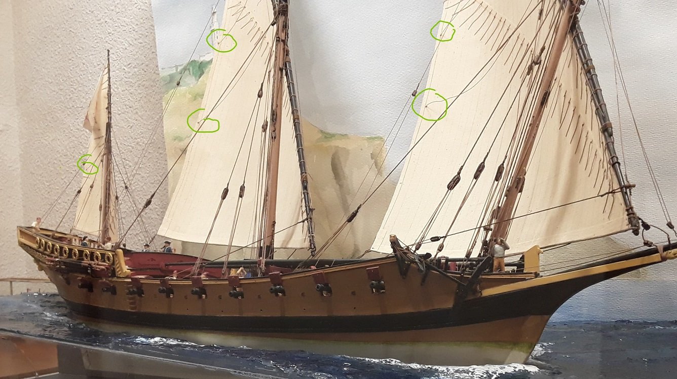 En esta imagen pasan por unos ollaos entiendo, hay un nudo o algo a cada lado de la vela o el cabo va libre por el ollado? no se si me explico bien...sorry