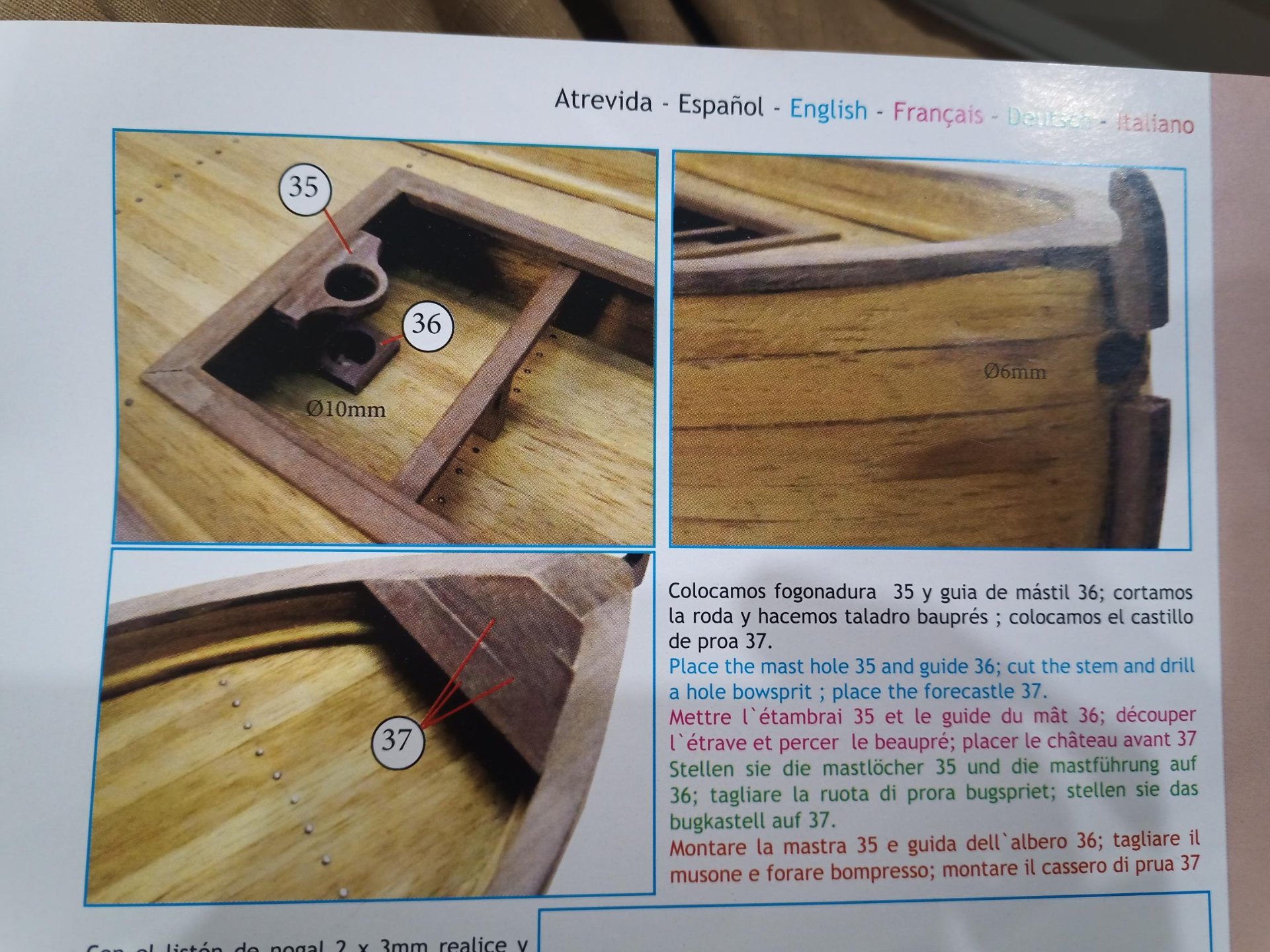 Y aquí lo del mástil, que menciona colocar las piezas pero no hacer agujero