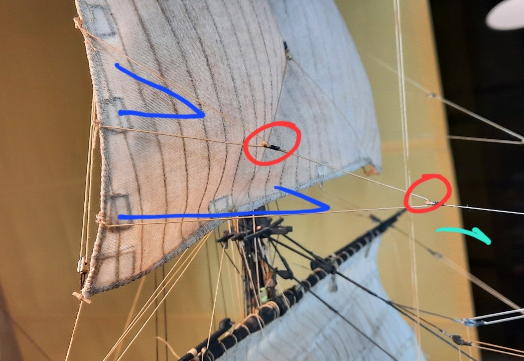 EN AZUL, LAS POAS, AFERRADAS DIRECTAMENTE EN LOS GARRUCHOS. EN VERDE EL BRIOL Y EN ROJO LOS GUARDACABOS.