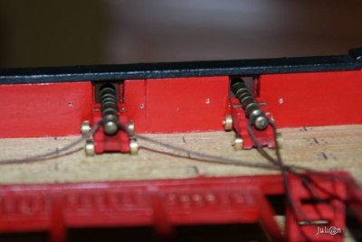 Para fijar las bragas de retroceso a las amuradas, utilizaremos cáncamos. Realizaremos un agujero ciego de 0,8 mm de diámetro a cada lado de los cañones, tal como muestra la fotografía. Tendremos la precaución de no atravesar la amurada.