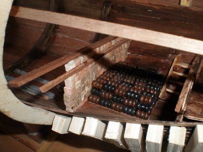 De esta forma se podran construir perfectamente, escotillas, fogonaduras, enjaretados y escaleras, que por ir ubicados en el eje longitudinal del modelo, si no se hiciera así solo saldría reflejada su mitad (o nada en caso de las escaleras e incluso mástiles).En la foto  pañol de la polvora.