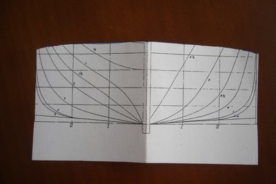 Esta es la plantilla para hacer en todas las cuadernas la brusca, sólo hay que superponerla en todas, que conicidan las líneas paralelas y respetar los 2 mm que restamos a la distancia hasta la cubierta para poner luego la tabla que haga de cubierta