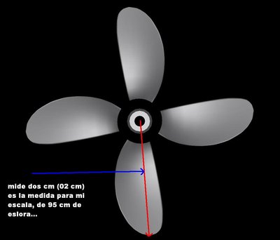 este modelo de helice, es cortesia de losdelgoya, pero segun el en un principio creyo que era para modelo estatico, pero no garantiza buenos resultados para RC, pero para el que este haciendo un modelo estatico si es lo mas real a la original del barco... para mi modelo debe medir 2 cm cada aspa.. el ancho lo dara al ampliarlo a la medida antes dicha...