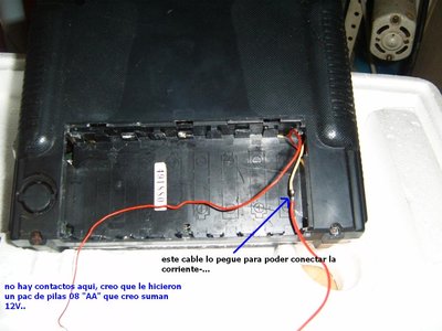 pegue un cable mas largo al amarillo, como pueden ver a lo mejor tenia conectado un pac de 8 baterias doble &quot;AA&quot;, que creo dan 12V si sumamos.. por eso conecte a lo cables que c ven el regulador que traia el equipo y enciende...