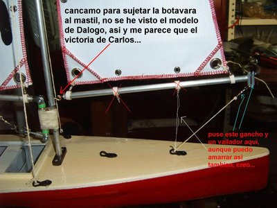 puse el cancamo, elimino los anillos sobrantes, y aqui tengo la occion de fijar mas atras el foque, s eme olvido que tengo que hacerle el amantillo al foque, es necesario colocar un bailador en esta parte, puse uno pero abajo..